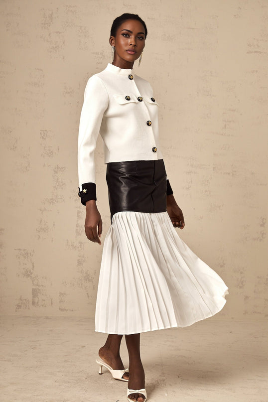 Luciana White Knit Jacket with Star Motif and Mock Neck