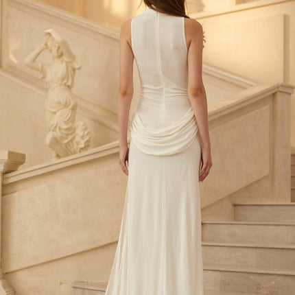 Luciana White Maxi Dress Turtleneck Train Draped Ruched Front Slit Sleeveless Fitted Floor-Length Regal Contemporary Luxury