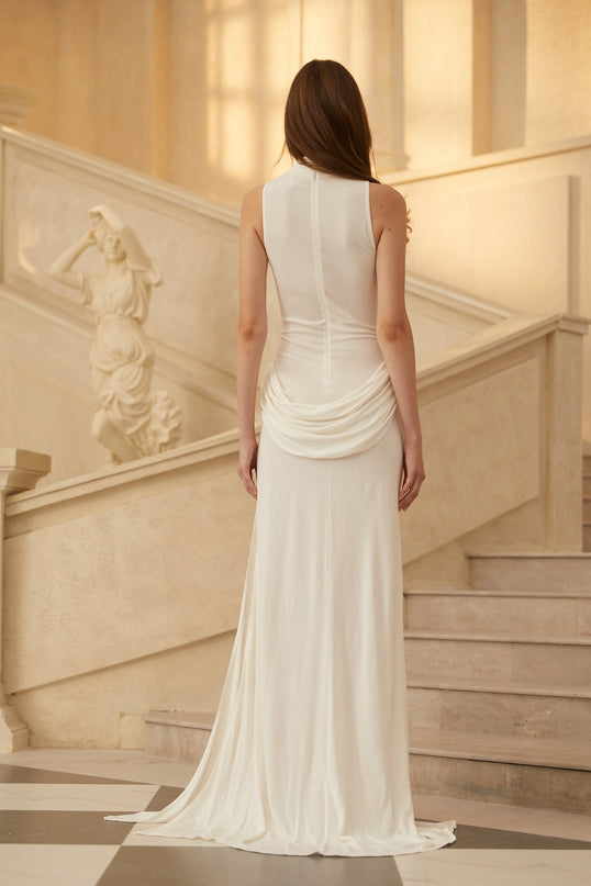 Luciana White Maxi Dress Turtleneck Train Draped Ruched Front Slit Sleeveless Fitted Floor-Length Regal Contemporary Luxury
