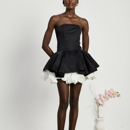Lucie Black and White Strapless Corset Mini Dress with 3D Petal Detailing