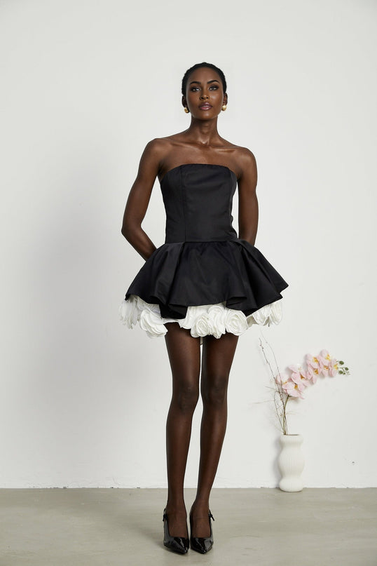 Lucie Black and White Strapless Corset Mini Dress with 3D Petal Detailing
