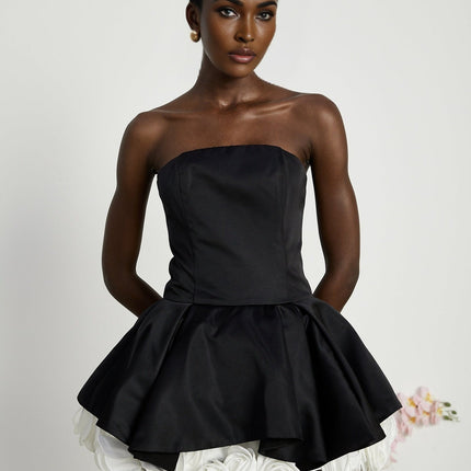 Lucie Black and White Strapless Corset Mini Dress with 3D Petal Detailing