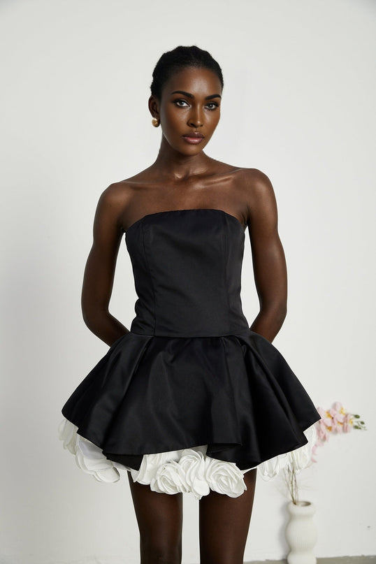 Lucie Black and White Strapless Corset Mini Dress with 3D Petal Detailing