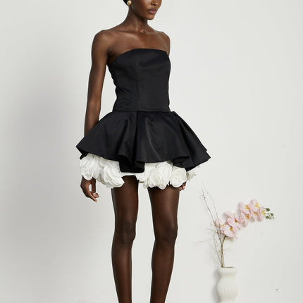 Lucie Black and White Strapless Corset Mini Dress with 3D Petal Detailing