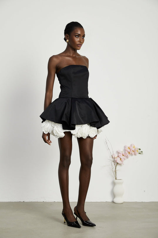 Lucie Black and White Strapless Corset Mini Dress with 3D Petal Detailing