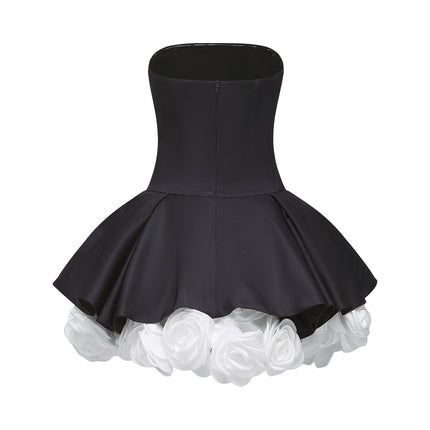 Lucie Black and White Strapless Corset Mini Dress with 3D Petal Detailing