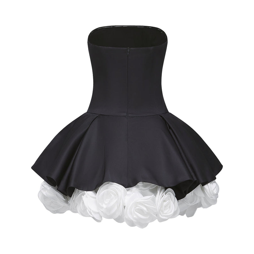 Lucie Black and White Strapless Corset Mini Dress with 3D Petal Detailing
