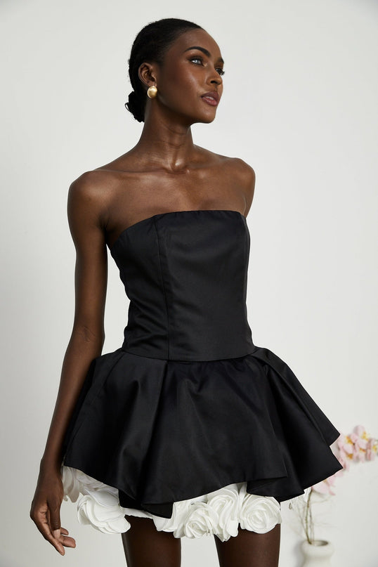 Lucie Black and White Strapless Corset Mini Dress with 3D Petal Detailing