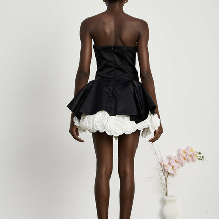 Lucie Black and White Strapless Corset Mini Dress with 3D Petal Detailing