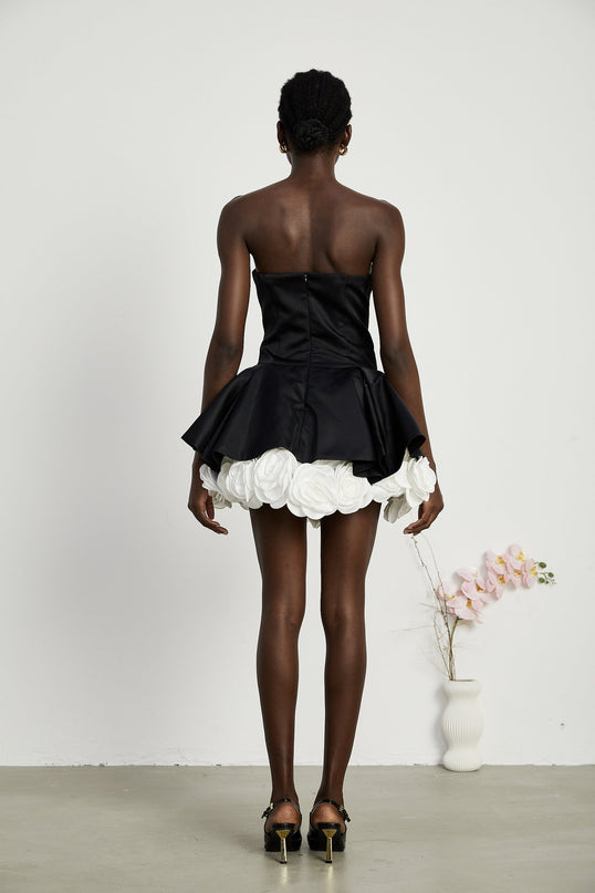 Lucie Black and White Strapless Corset Mini Dress with 3D Petal Detailing