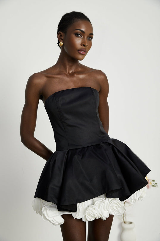 Lucie Black and White Strapless Corset Mini Dress with 3D Petal Detailing