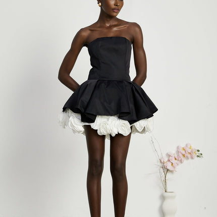 Lucie Black and White Strapless Corset Mini Dress with 3D Petal Detailing