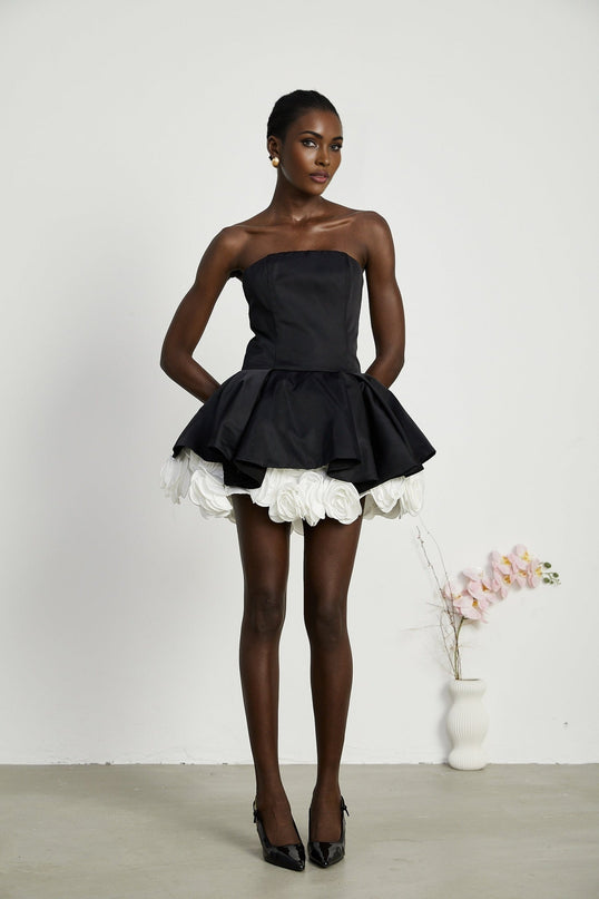 Lucie Black and White Strapless Corset Mini Dress with 3D Petal Detailing