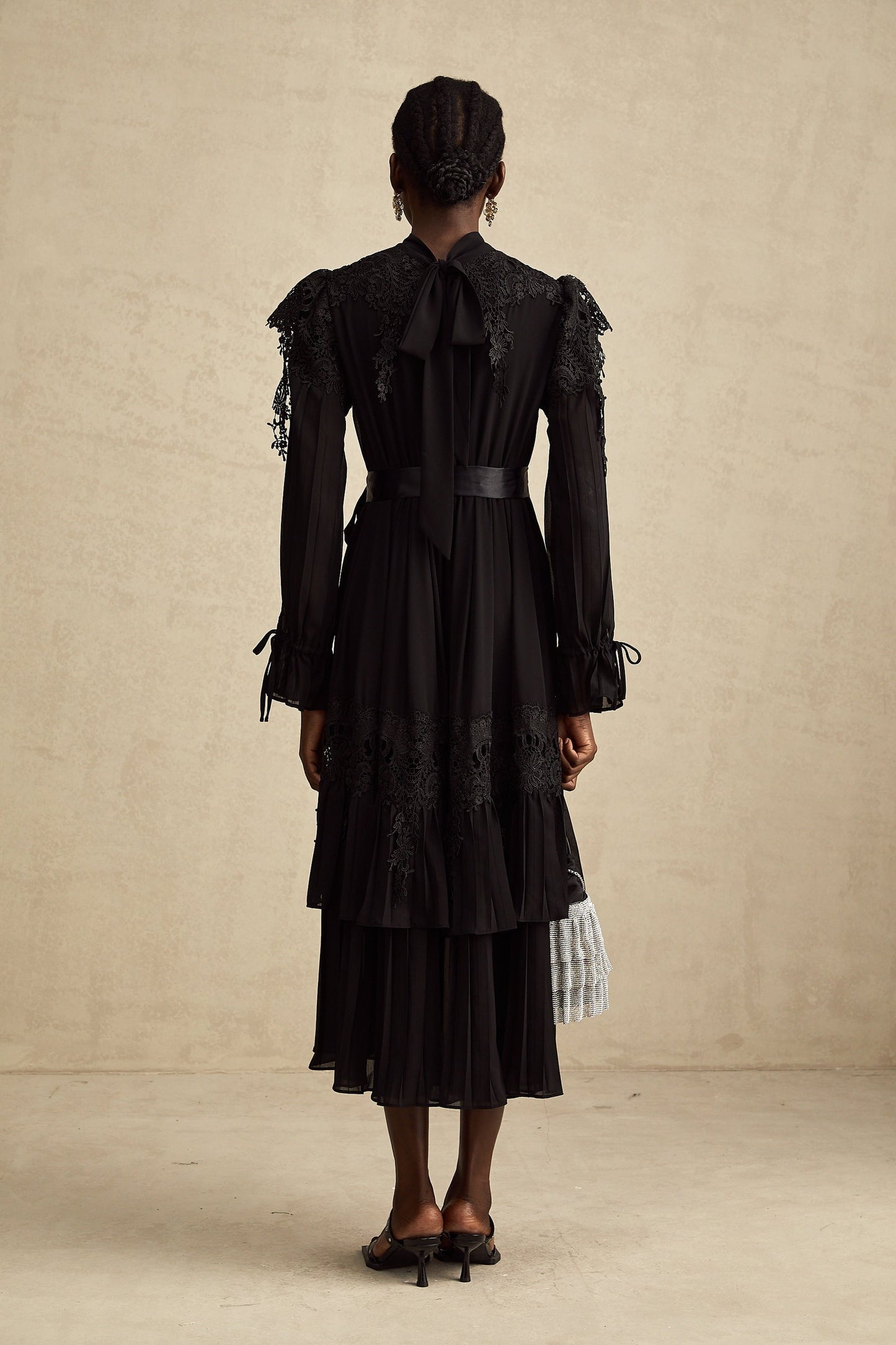 Lucie black guipurelace ruffled midi dress