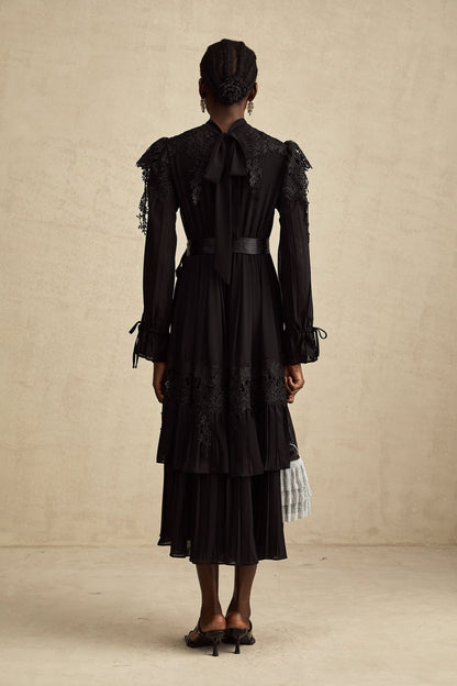 Lucie black guipurelace ruffled midi dress