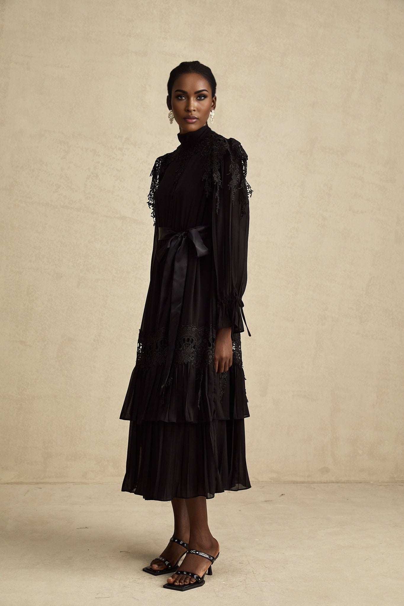Lucie black guipurelace ruffled midi dress