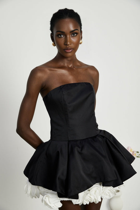 Lucie Black and White Corset Mini Dress with 3D Petal Detailing