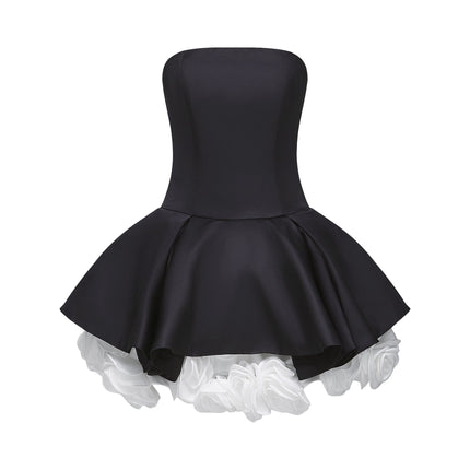Lucie Black and White Strapless Corset Mini Dress with 3D Petal Detailing