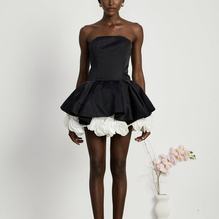 Lucie Black and White Strapless Corset Mini Dress with 3D Petal Detailing