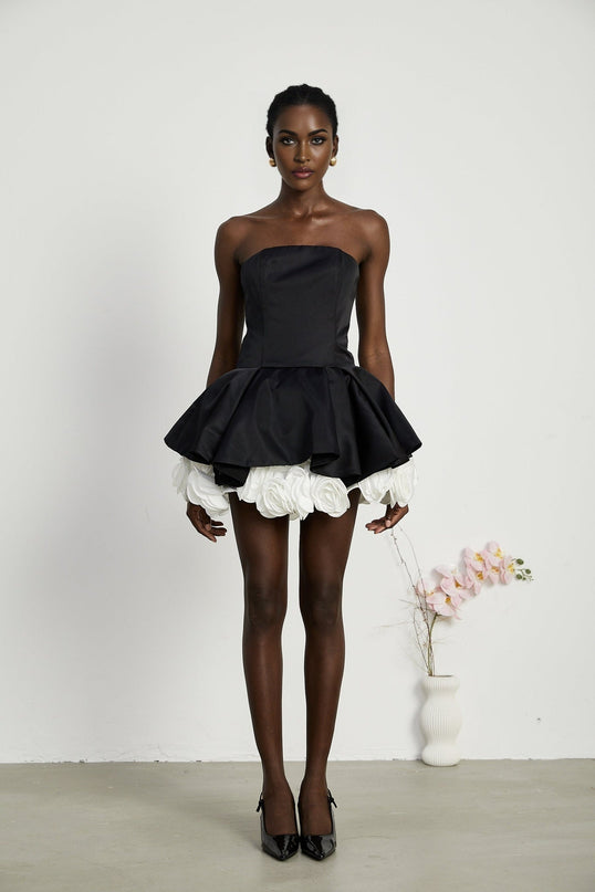 Lucie Black and White Strapless Corset Mini Dress with 3D Petal Detailing