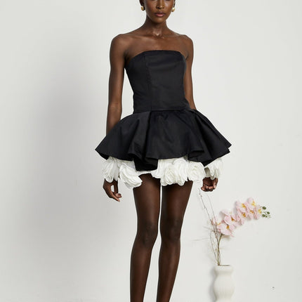 Lucie Black and White Strapless Corset Mini Dress with 3D Petal Detailing