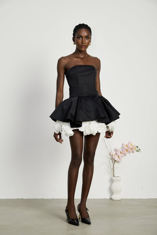 Lucie Black and White Strapless Corset Mini Dress with 3D Petal Detailing