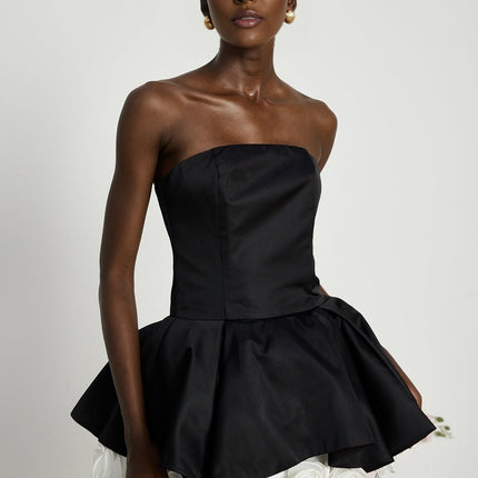 Lucie Black and White Strapless Corset Mini Dress with 3D Petal Detailing