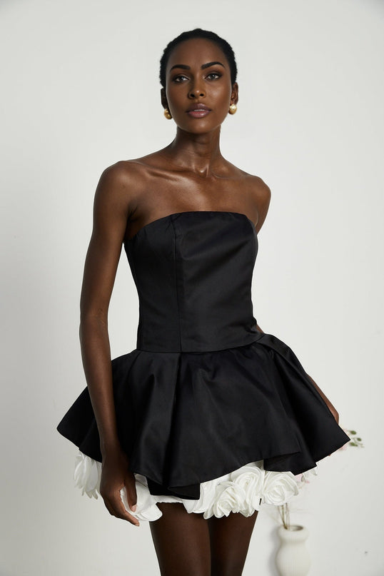 Lucie Black and White Strapless Corset Mini Dress with 3D Petal Detailing