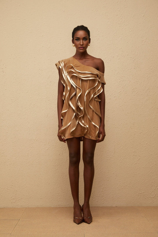 Lucille Brown One-Shoulder Ruffled Tulle Mini Dress in Rich Brown Terylene Fiber