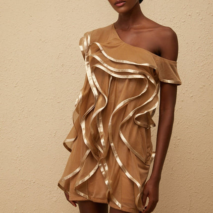 Lucille Brown One-Shoulder Ruffled Tulle Mini Dress