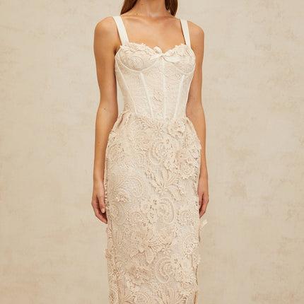 Lucille Midi Dress in Neutrals lace corset sweetheart neckline bow detail boned bodice cinched waist corded lace rear slit zip fastening
