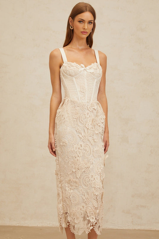 Lucille Midi Dress in Neutrals lace corset sweetheart neckline bow detail boned bodice cinched waist corded lace rear slit zip fastening