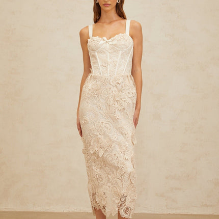 Lucille Neutrals Lace Bow Corset Midi Dress Sweetheart Neckline Wide Straps Boned Bodice Cinched Waist Corded Lace Rear Slit Zip Fastening