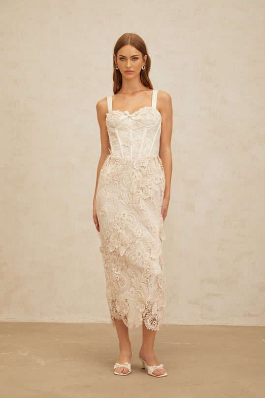 Lucille Neutrals Lace Bow Corset Midi Dress Sweetheart Neckline Wide Straps Boned Bodice Cinched Waist Corded Lace Rear Slit Zip Fastening