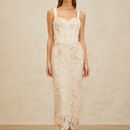 Lucille Midi Dress in Neutrals corset design lace bow sweetheart neckline adjustable wide straps boned bodice built-in cups cinched waist corded lace bow embellishment rear slit zip fastening midi-length luxury special event