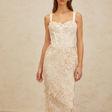 Lucille Midi Dress in Neutrals corset design and lace bow detail