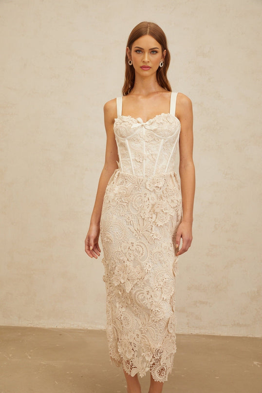 Lucille Midi Dress in Neutrals corset design and lace bow detail