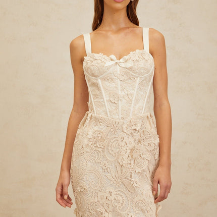 Lucille Midi Dress in Neutrals corset design lace bow sweetheart neckline adjustable wide straps boned bodice built-in cups cinched waist corded lace bow embellishment rear slit zip fastening midi-length luxury special event