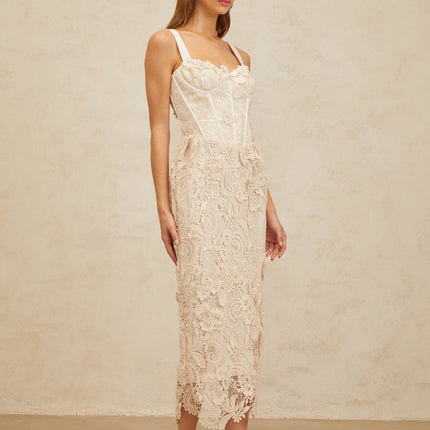 Lucille Neutrals Lace Bow Corset Midi Dress Sweetheart Neckline Adjustable Straps Boned Bodice Cinched Waist Corded Lace Rear Slit Zip Fastening