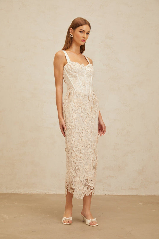 Lucille Neutrals Lace Bow Corset Midi Dress Sweetheart Neckline Adjustable Straps Boned Bodice Cinched Waist Corded Lace Rear Slit Zip Fastening