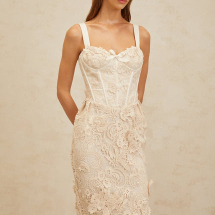 Lucille Neutrals Lace Bow Corset Midi Dress Sweetheart Neckline Boned Bodice
