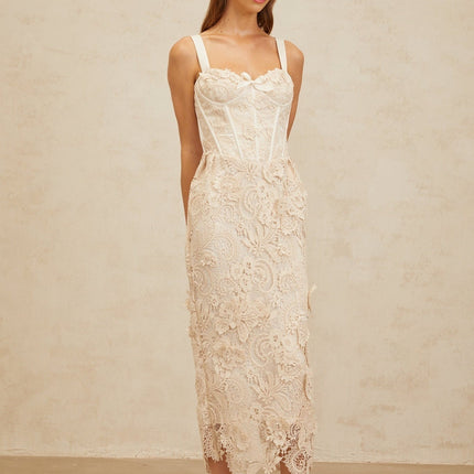 Lucille Neutrals Lace Bow Midi Dress Corset Design Sweetheart Neckline