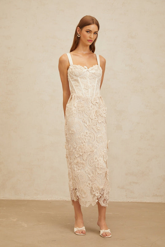 Lucille Neutrals Lace Bow Midi Dress Corset Design Sweetheart Neckline