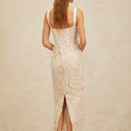 Lucille Neutrals Lace Bow Midi Dress Corset Design Sweetheart Neckline