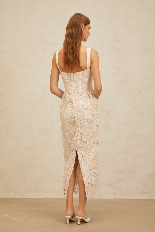 Lucille Neutrals Lace Bow Midi Dress Corset Design Sweetheart Neckline