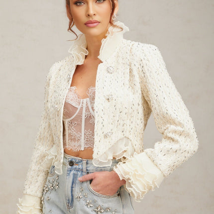 Lucille Off White Frilled Edge Faux Pearl Bead Embellished Cropped Jacket
