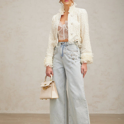 Lucille Off White Cropped Jacket with Faux-Pearl and Bead Embellishments