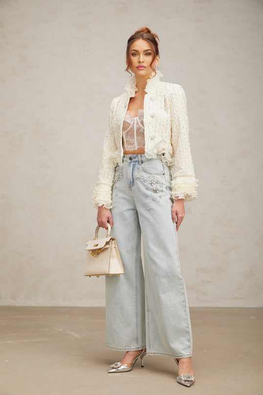 Lucille Off White Cropped Jacket with Faux-Pearl and Bead Embellishments