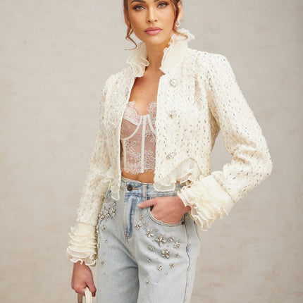 Lucille Off White Cropped Jacket with Faux-Pearl and Bead Embellishments