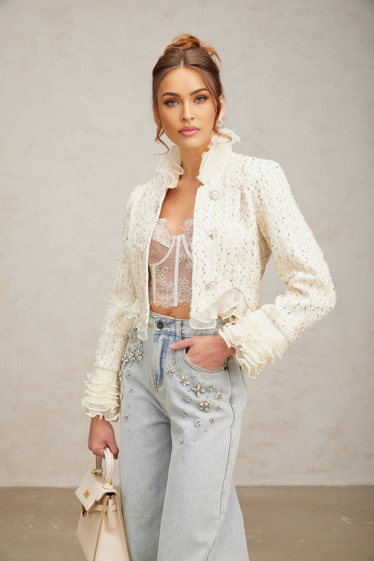 Lucille Off White Cropped Jacket with Faux-Pearl and Bead Embellishments